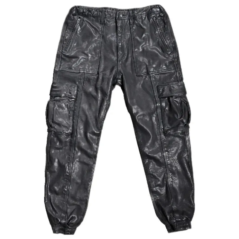 Men's Vintage Safari Style Cowhide Leather Cuffed Loose Cargo Pants