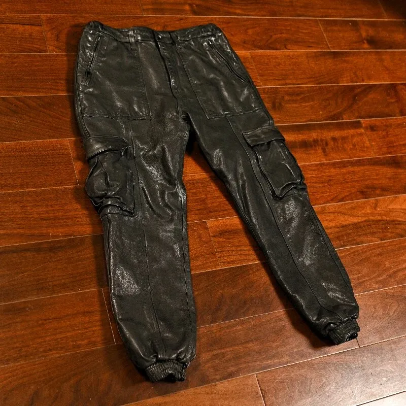 Men's Vintage Safari Style Cowhide Leather Cuffed Loose Cargo Pants