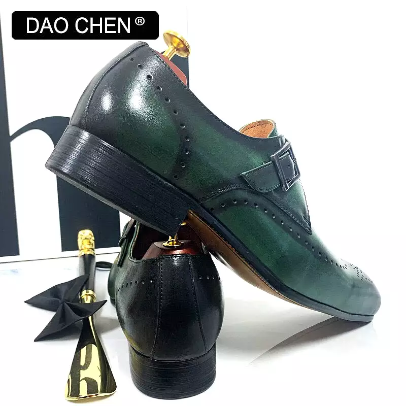 MONK STRAP SHOES BLACK GREEN WINGTIP GENUINE LEATHER MENS DRESS SHOES