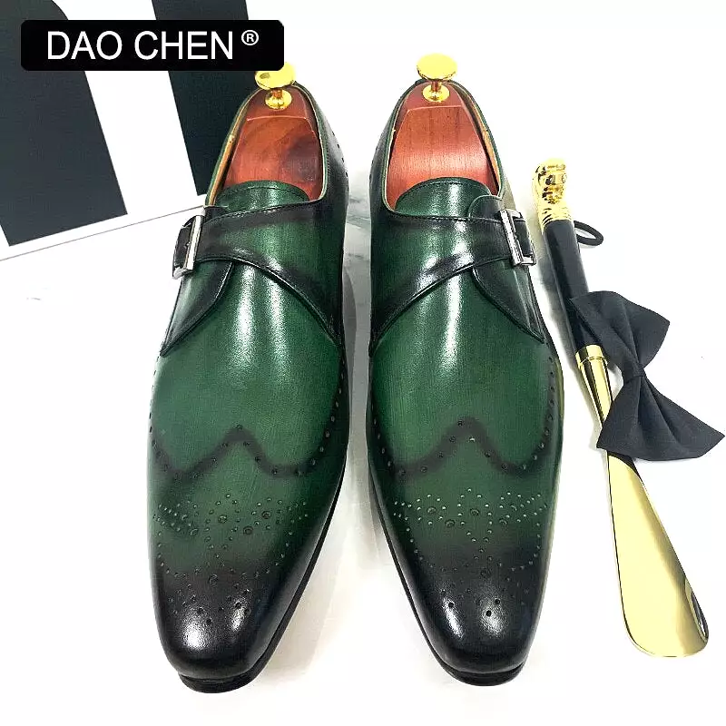 MONK STRAP SHOES BLACK GREEN WINGTIP GENUINE LEATHER MENS DRESS SHOES