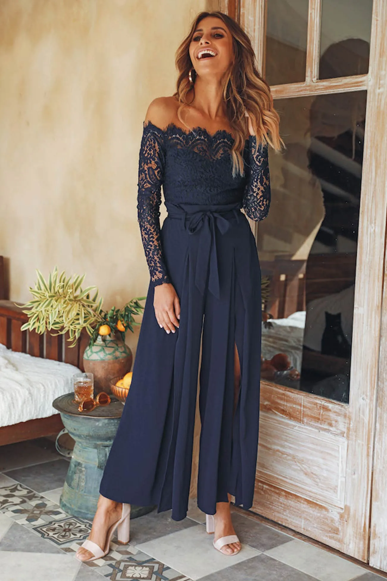 Off Shoulder Lace Patchwork Split Jumpsuits