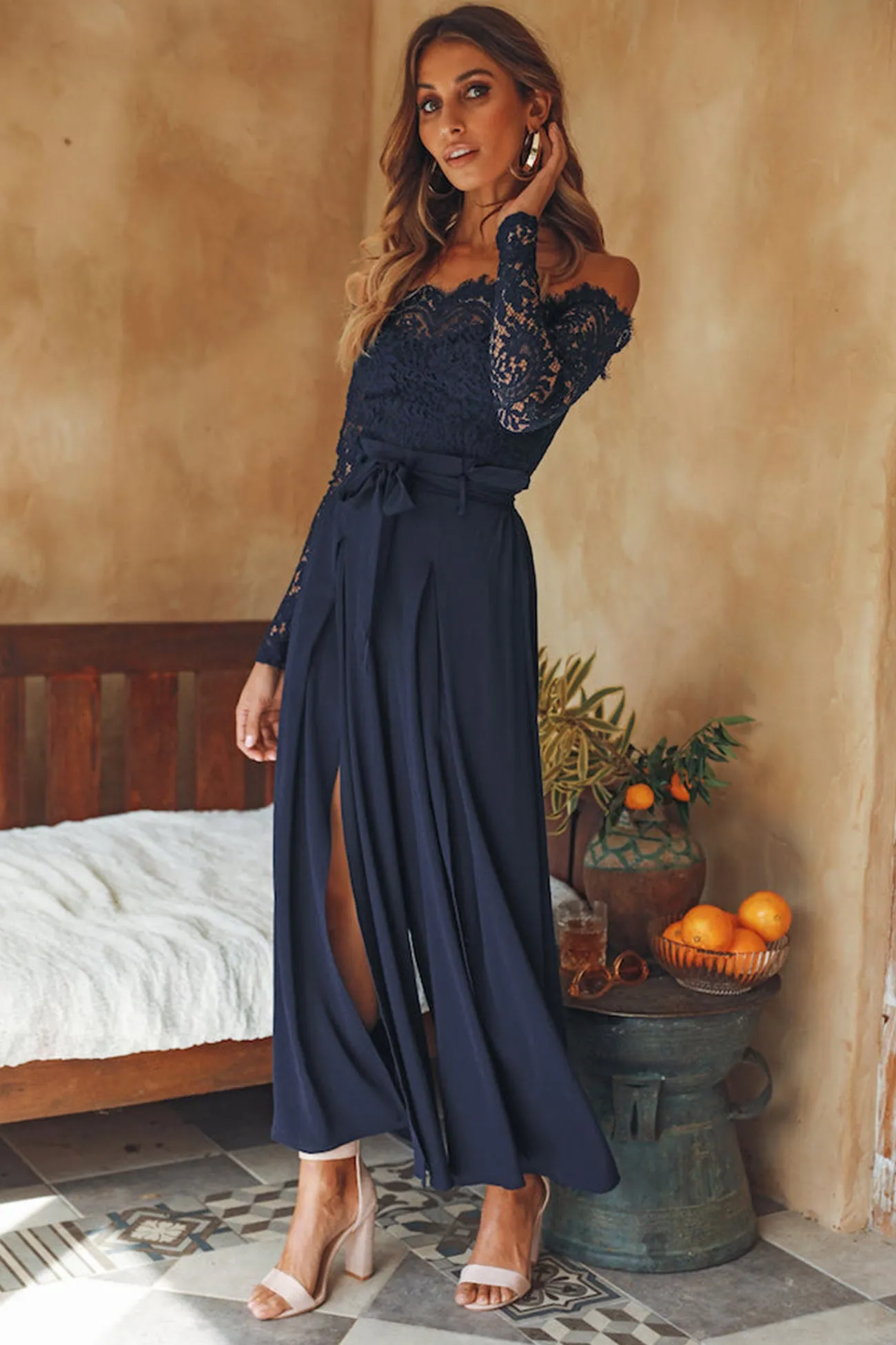 Off Shoulder Lace Patchwork Split Jumpsuits