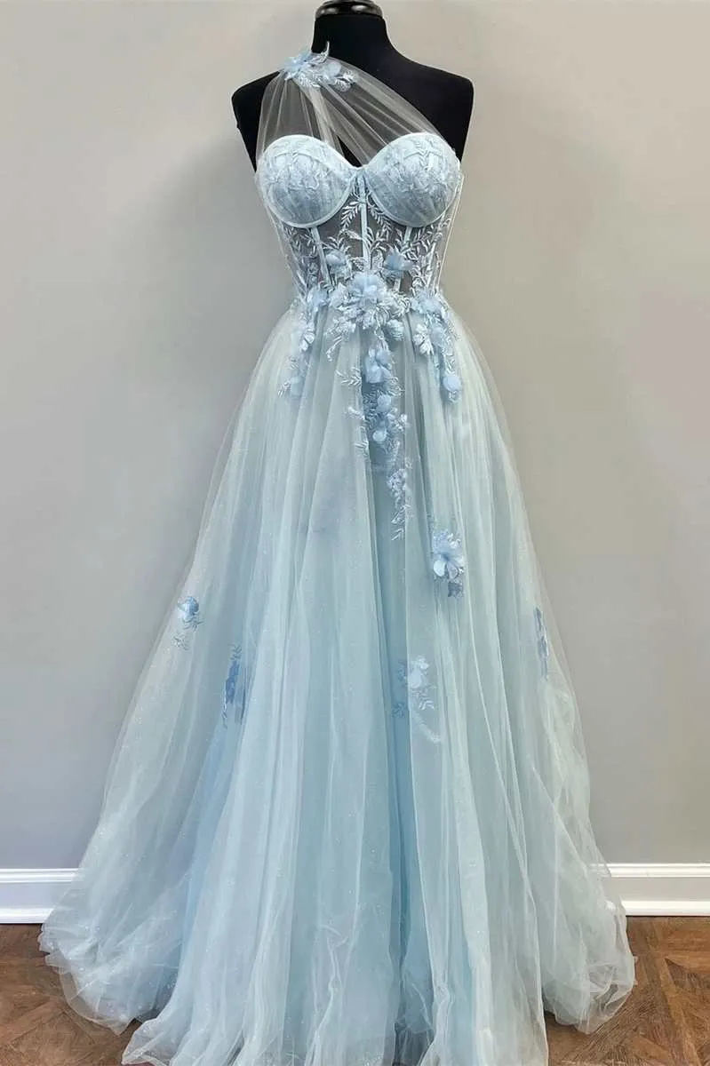 One-Shoulder Light Blue Tulle 3D Floral Lace A-Line Prom Dress