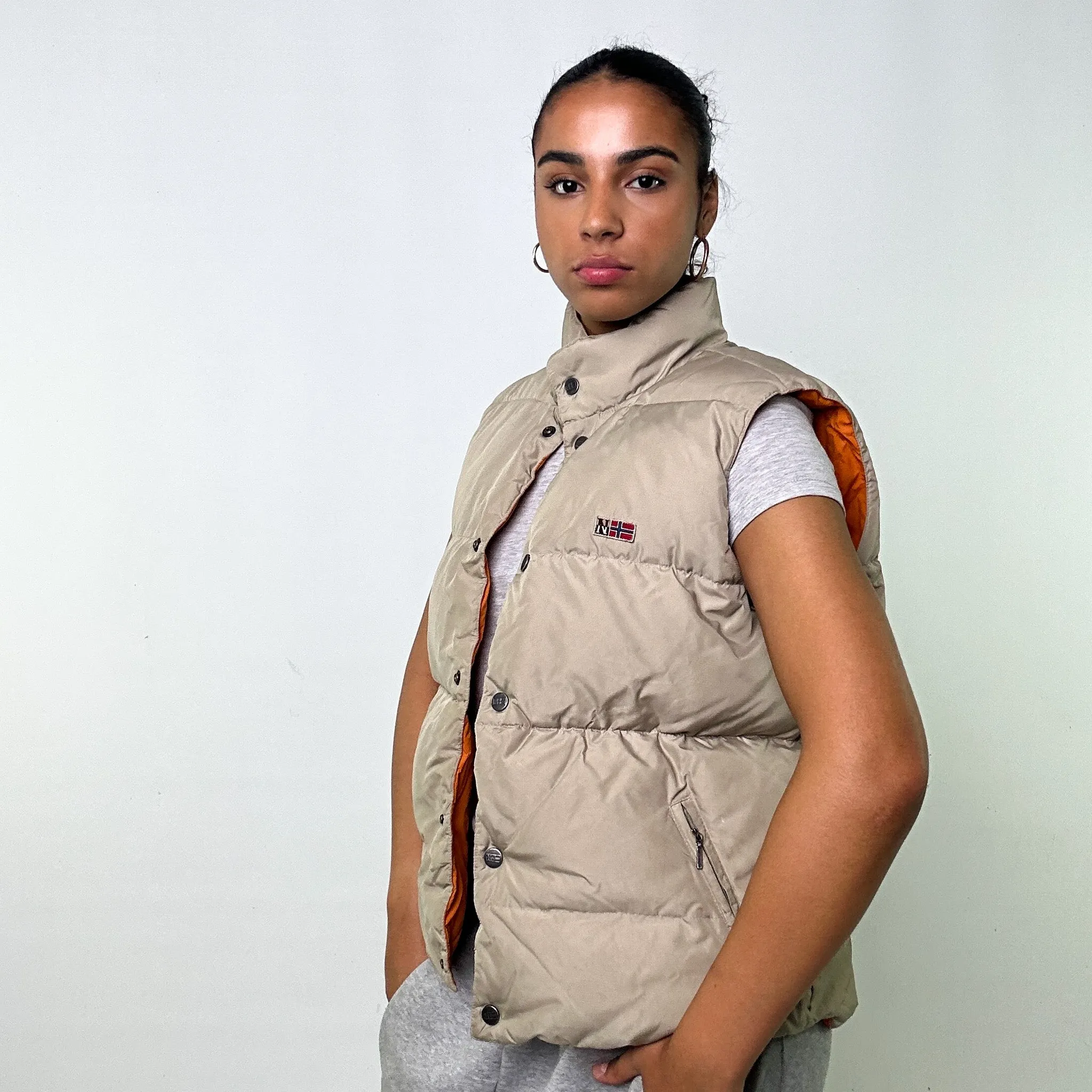 Orange / Beige Tan Reversible 90s Napapijri Puffer Jacket Coat Gilet (S)