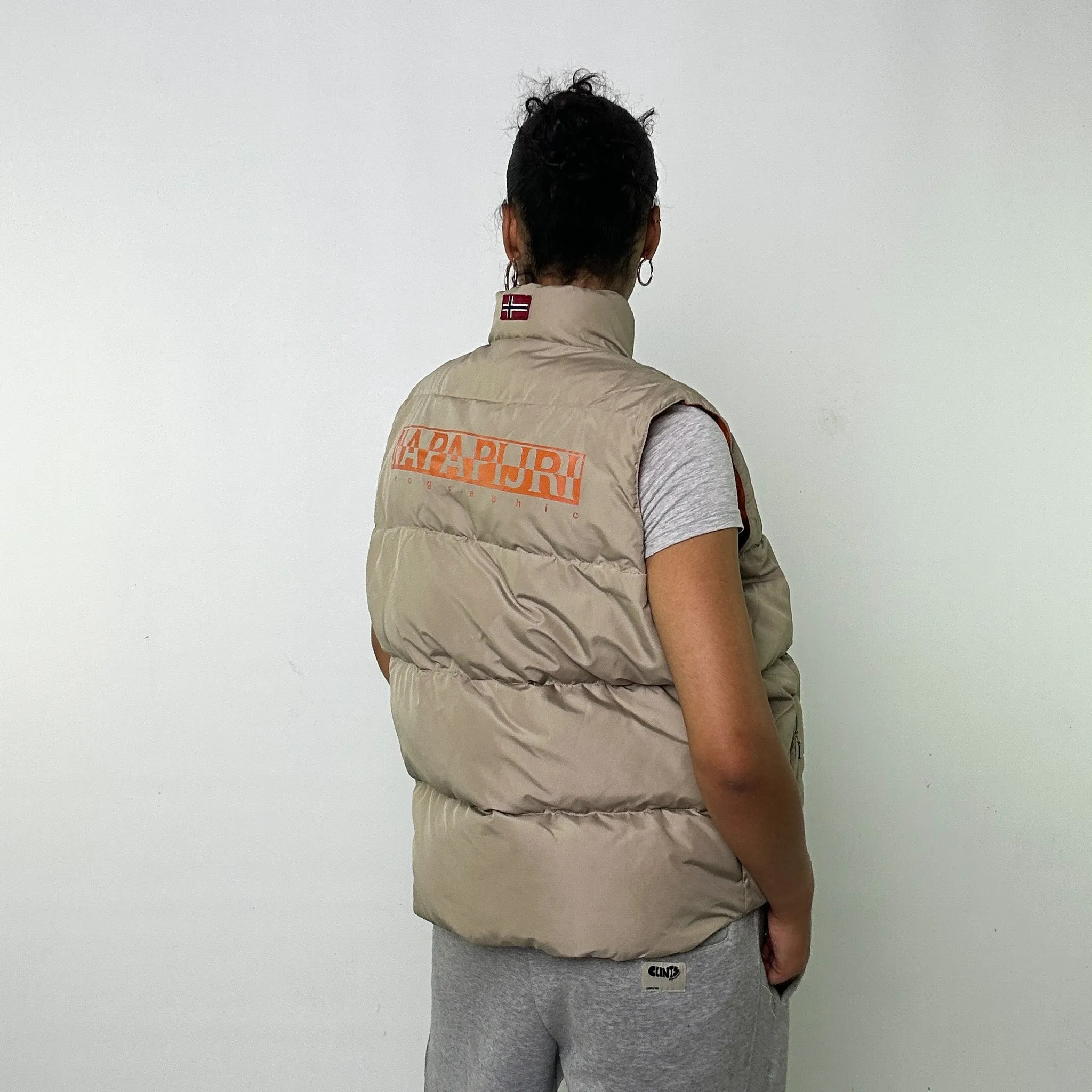 Orange / Beige Tan Reversible 90s Napapijri Puffer Jacket Coat Gilet (S)