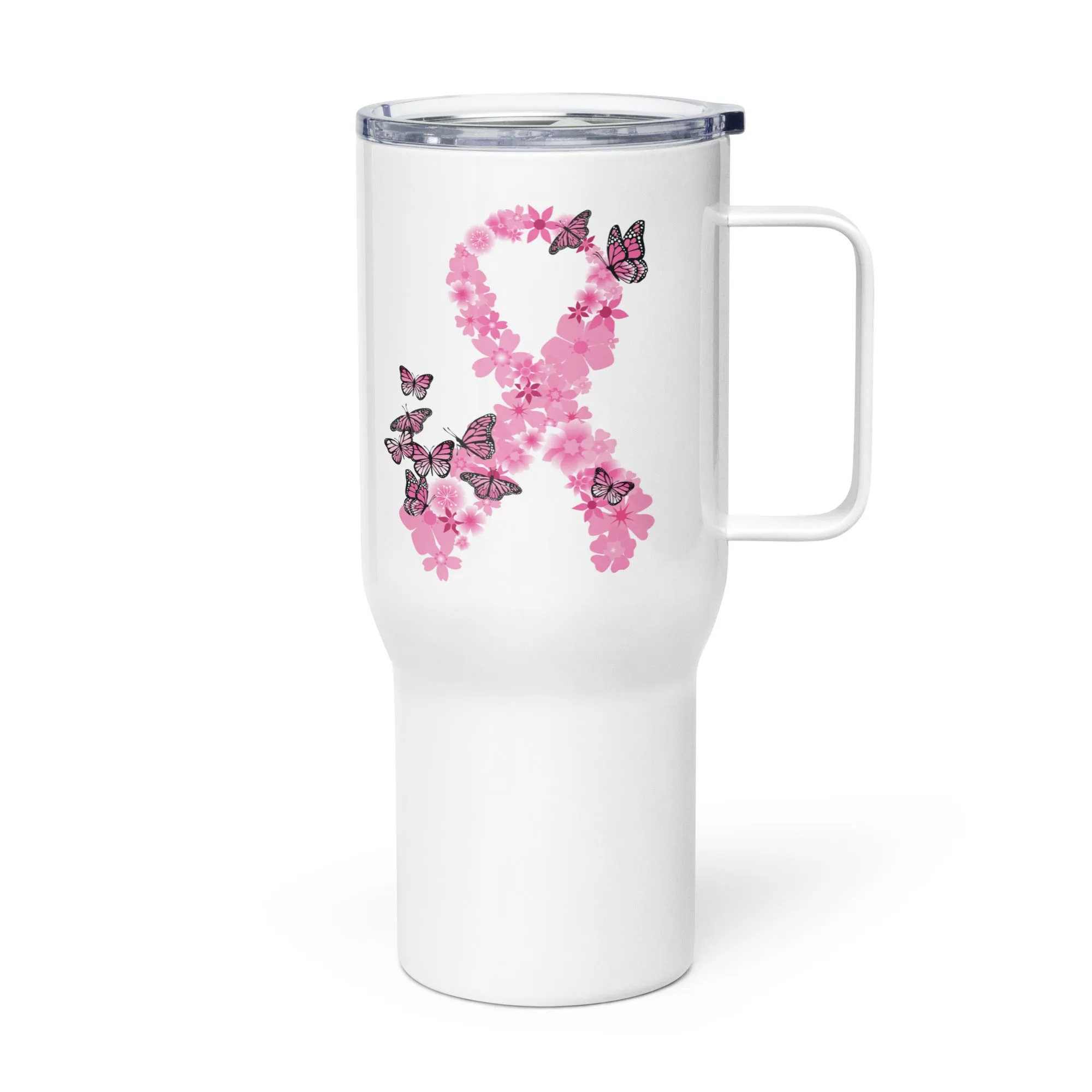 Pink Ribbon Butterflies Take Flight 25oz Handle Tumbler Travel Mug