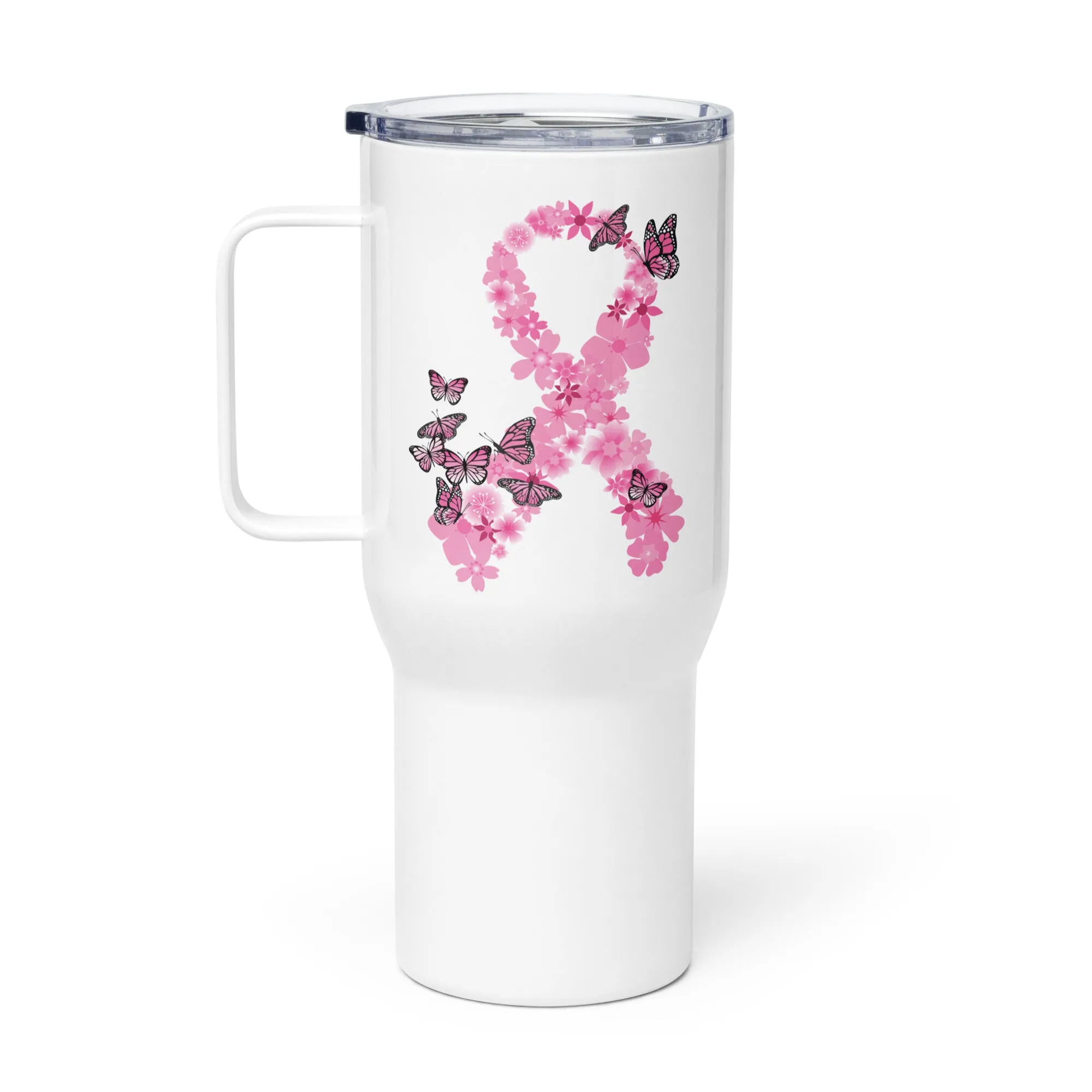 Pink Ribbon Butterflies Take Flight 25oz Handle Tumbler Travel Mug