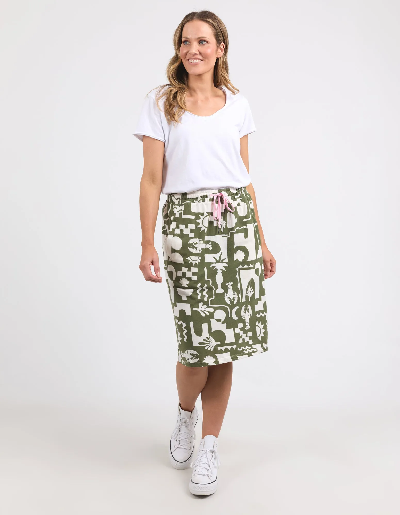 Postcard Skirt Khaki And Cream Print