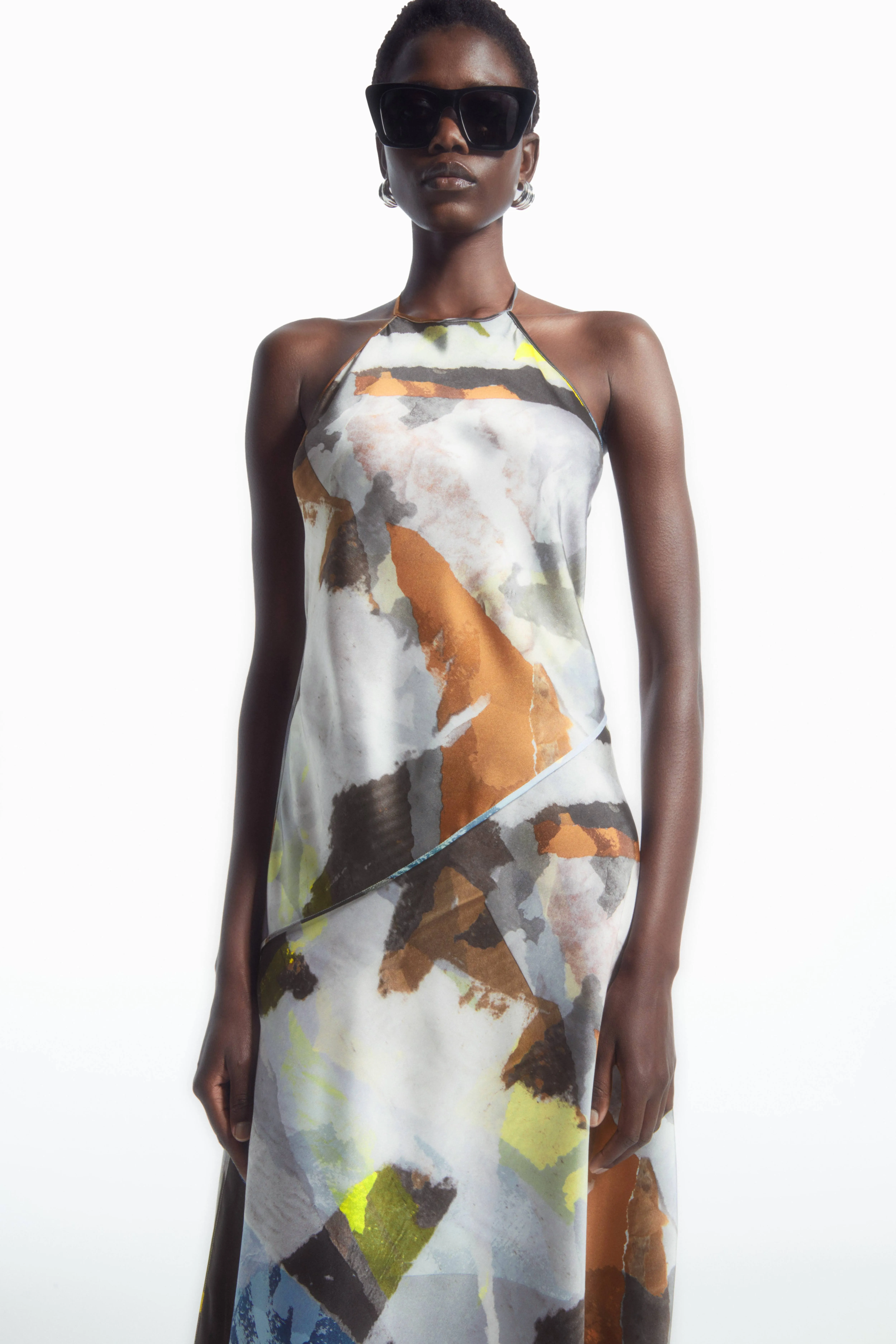 PRINTED ASYMMETRIC MIDI DRESS - Halterneck - Sleeveless - LIGHT BLUE - Ladies | H&M GB