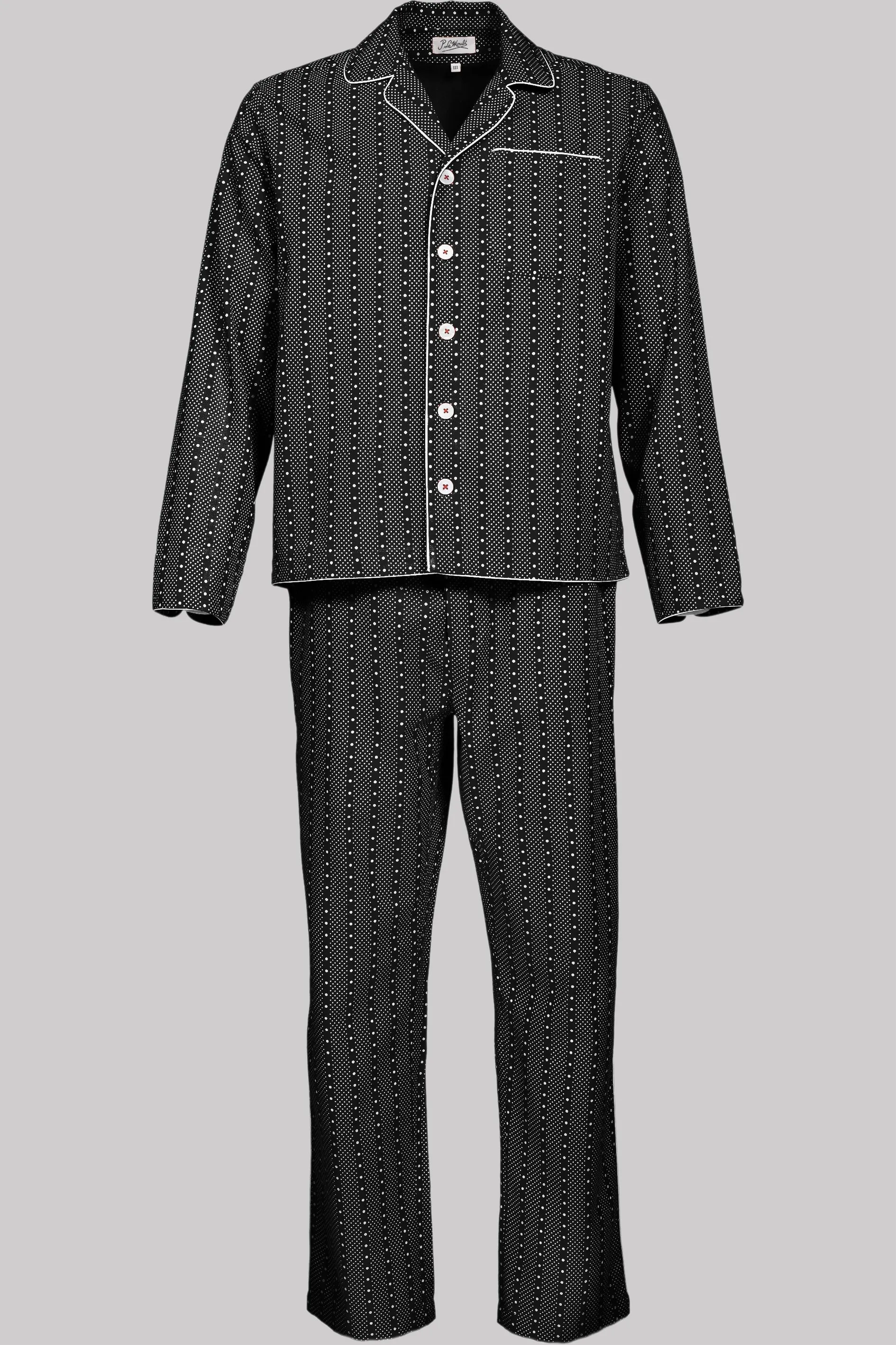 PYJAMA BLACK-White with white piping 100% COTTON Herringbone-light Dot-Stripes discharge-print