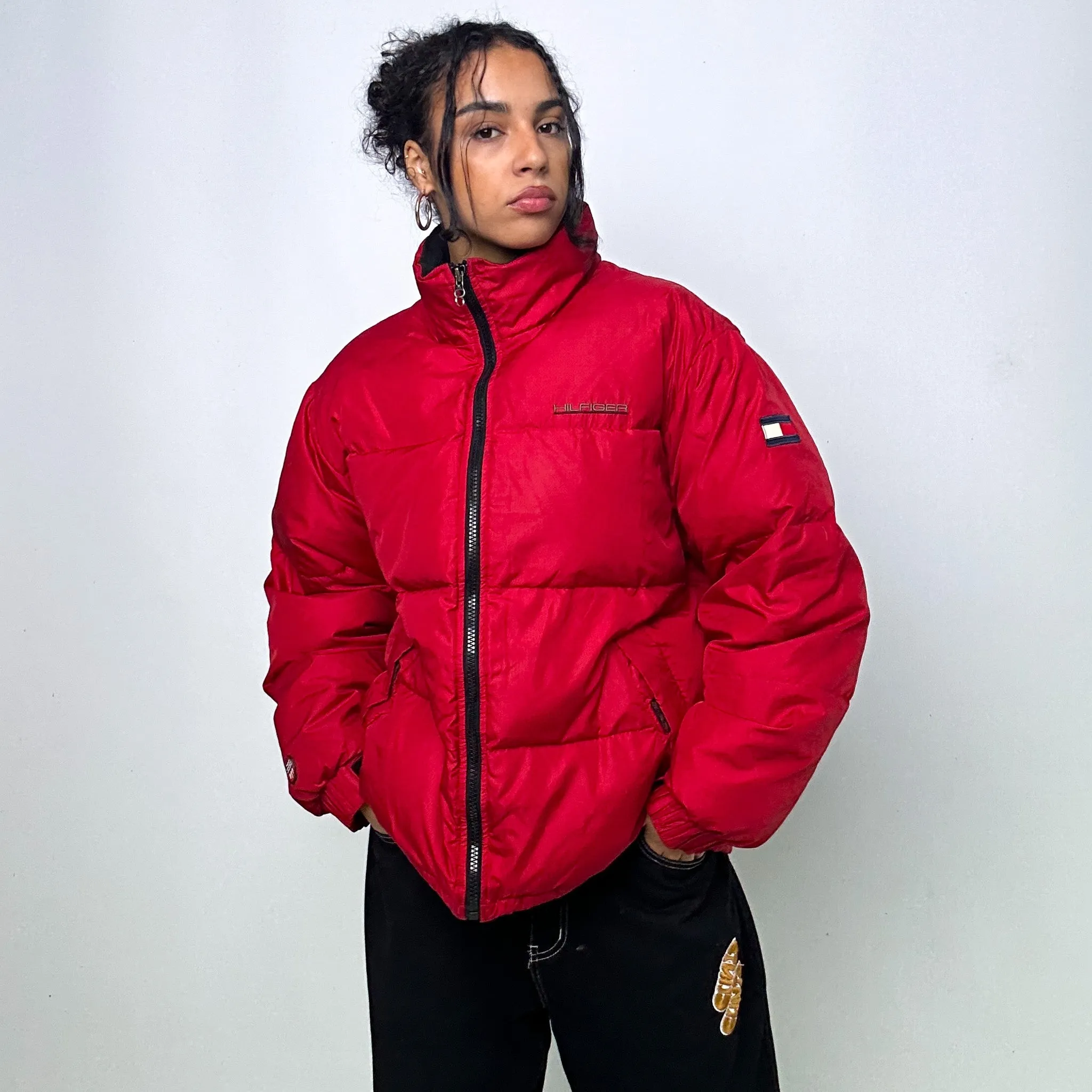 Red 90s Tommy Hilfiger Puffer Jacket Coat (L)