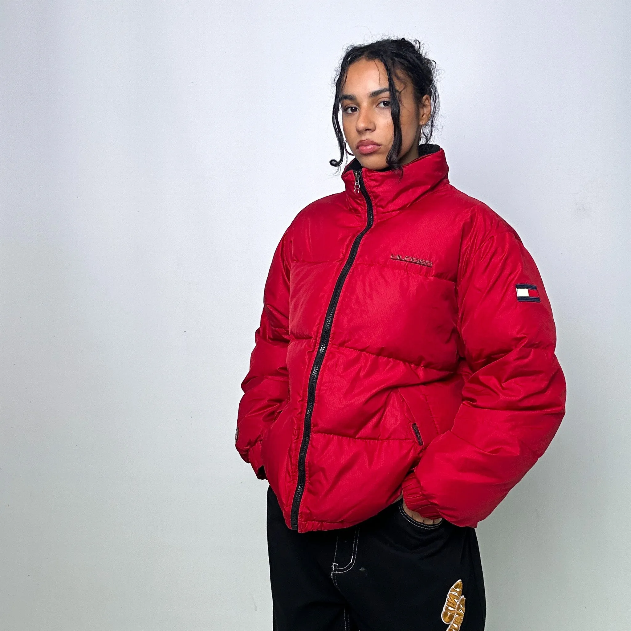 Red 90s Tommy Hilfiger Puffer Jacket Coat (L)