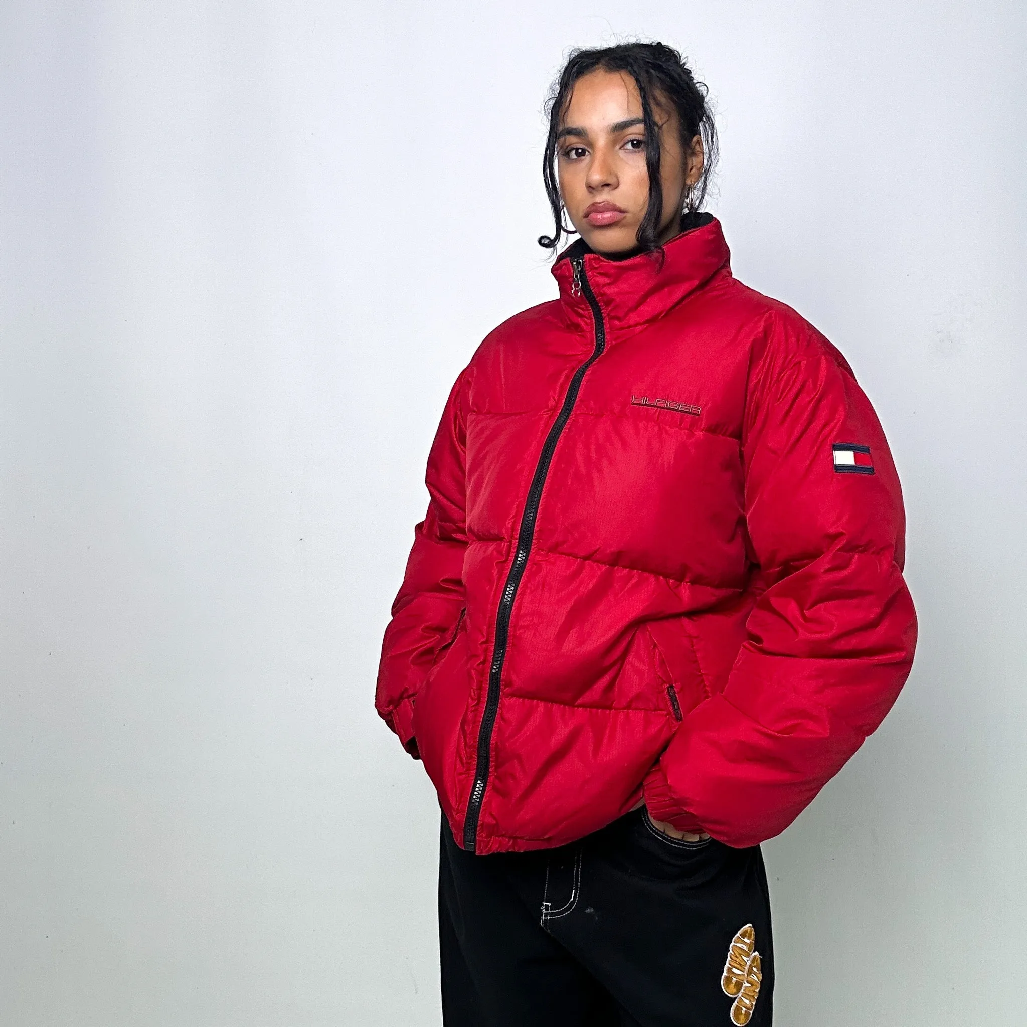 Red 90s Tommy Hilfiger Puffer Jacket Coat (L)