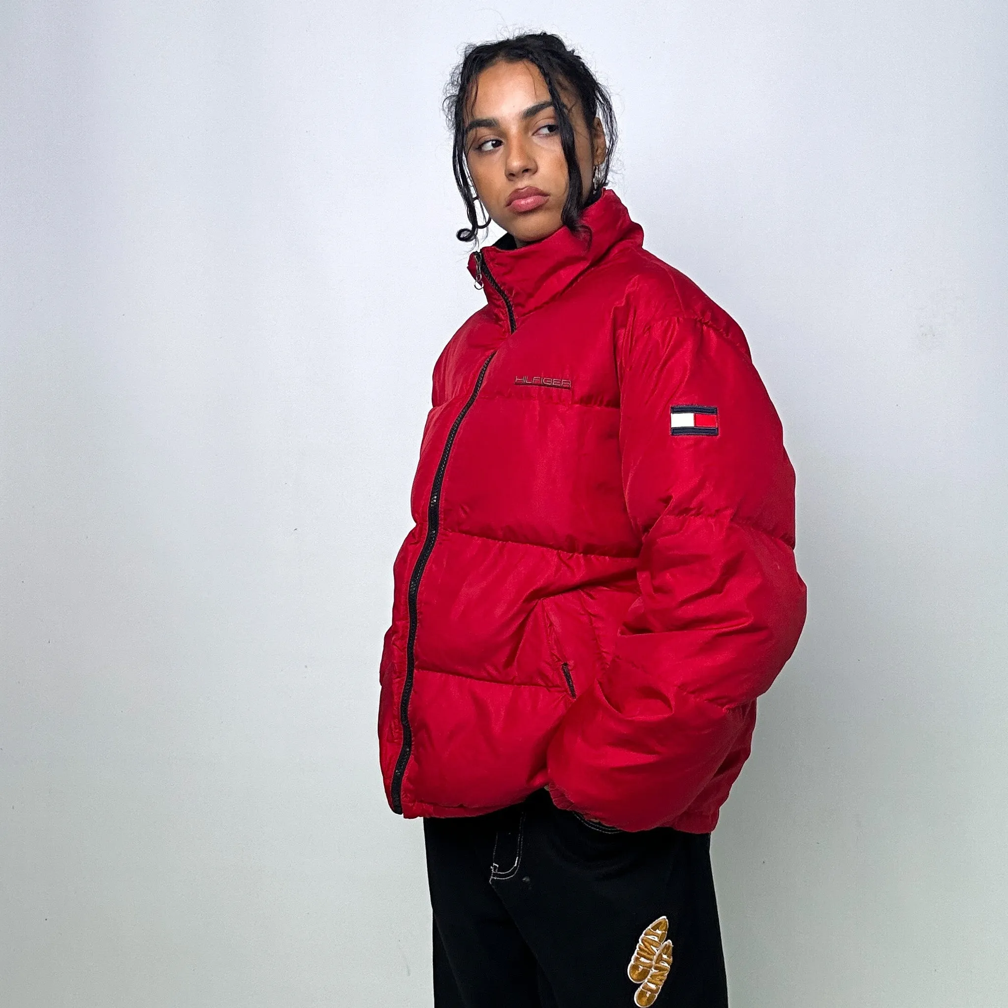 Red 90s Tommy Hilfiger Puffer Jacket Coat (L)