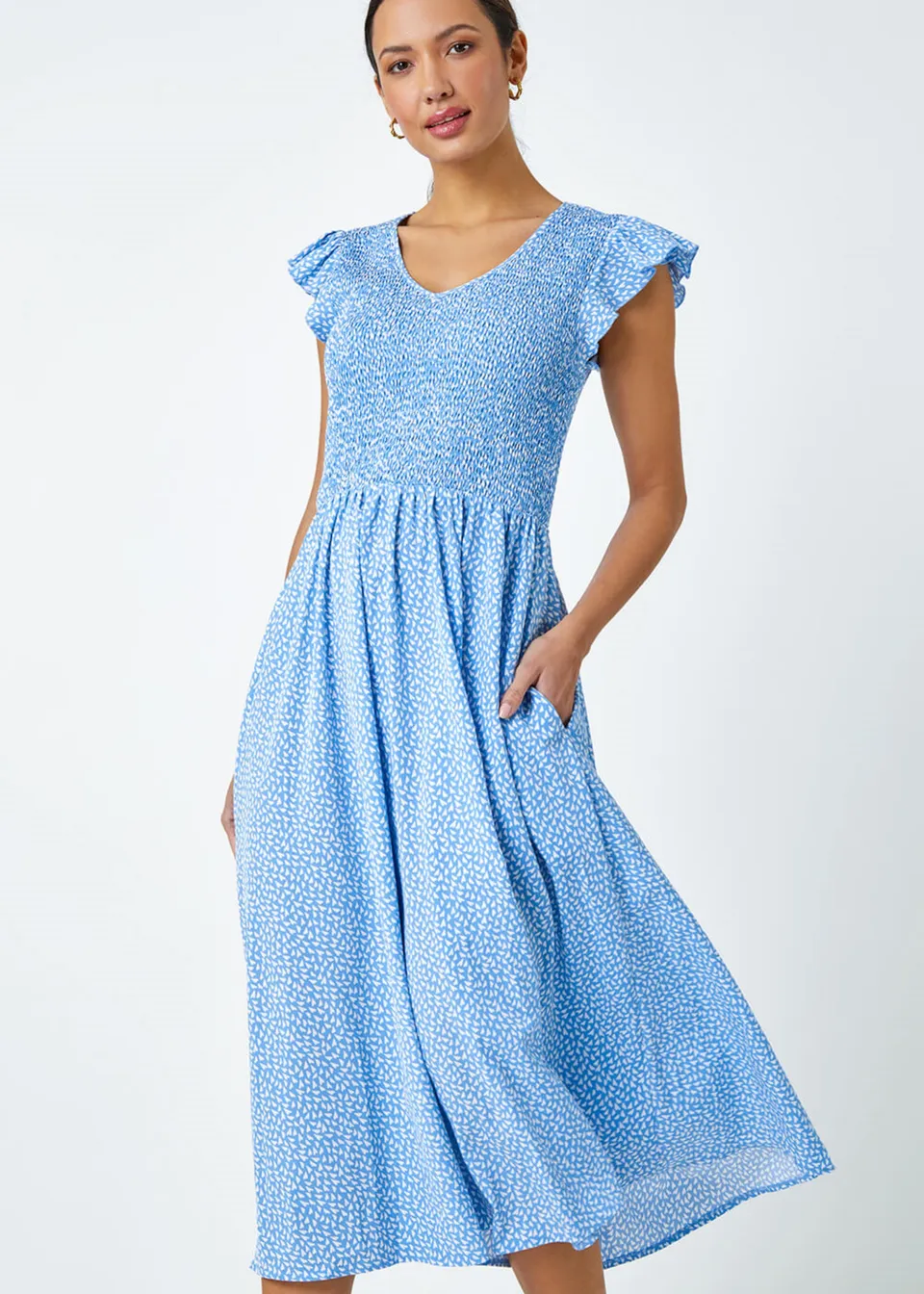 Roman Light Blue Ditsy Print Shirred Midi Dress