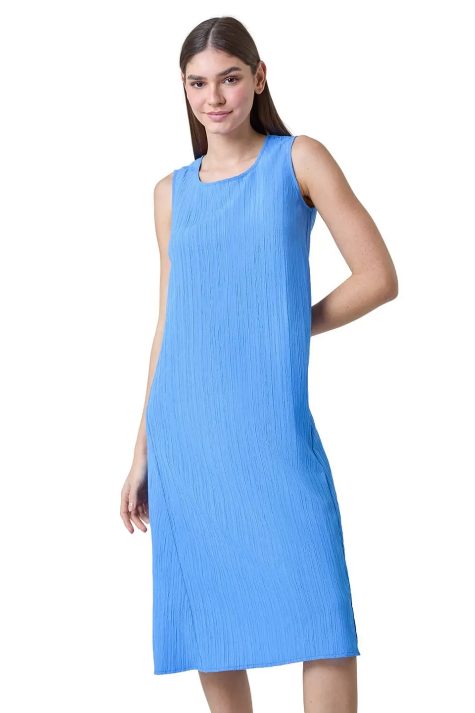 Roman Light Blue Textured Sleeveless Midi Dress