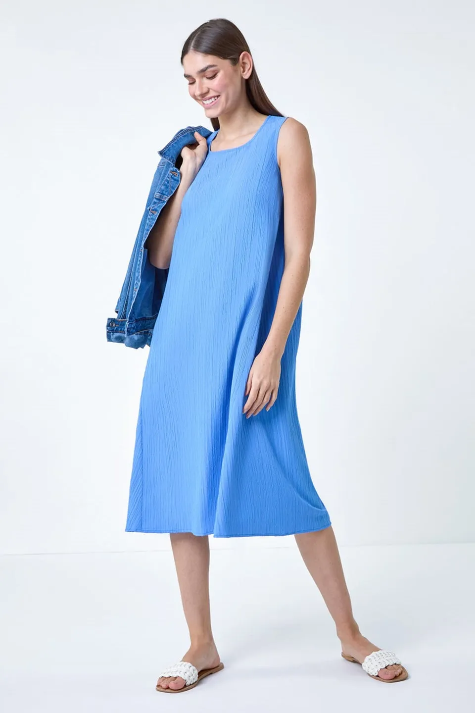 Roman Light Blue Textured Sleeveless Midi Dress