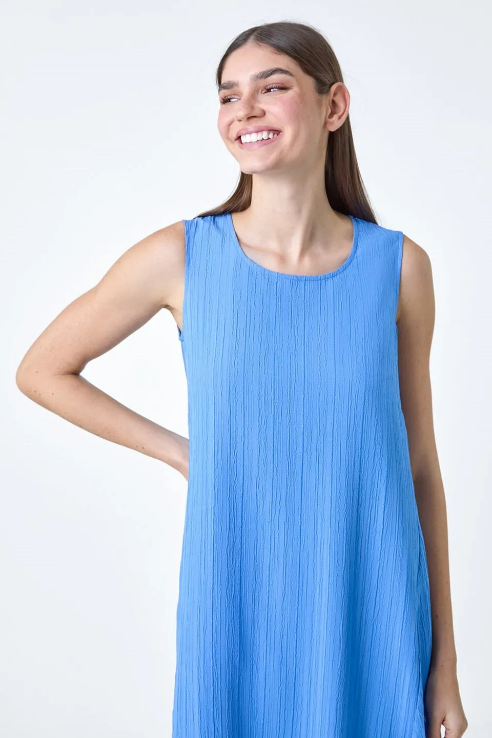 Roman Light Blue Textured Sleeveless Midi Dress