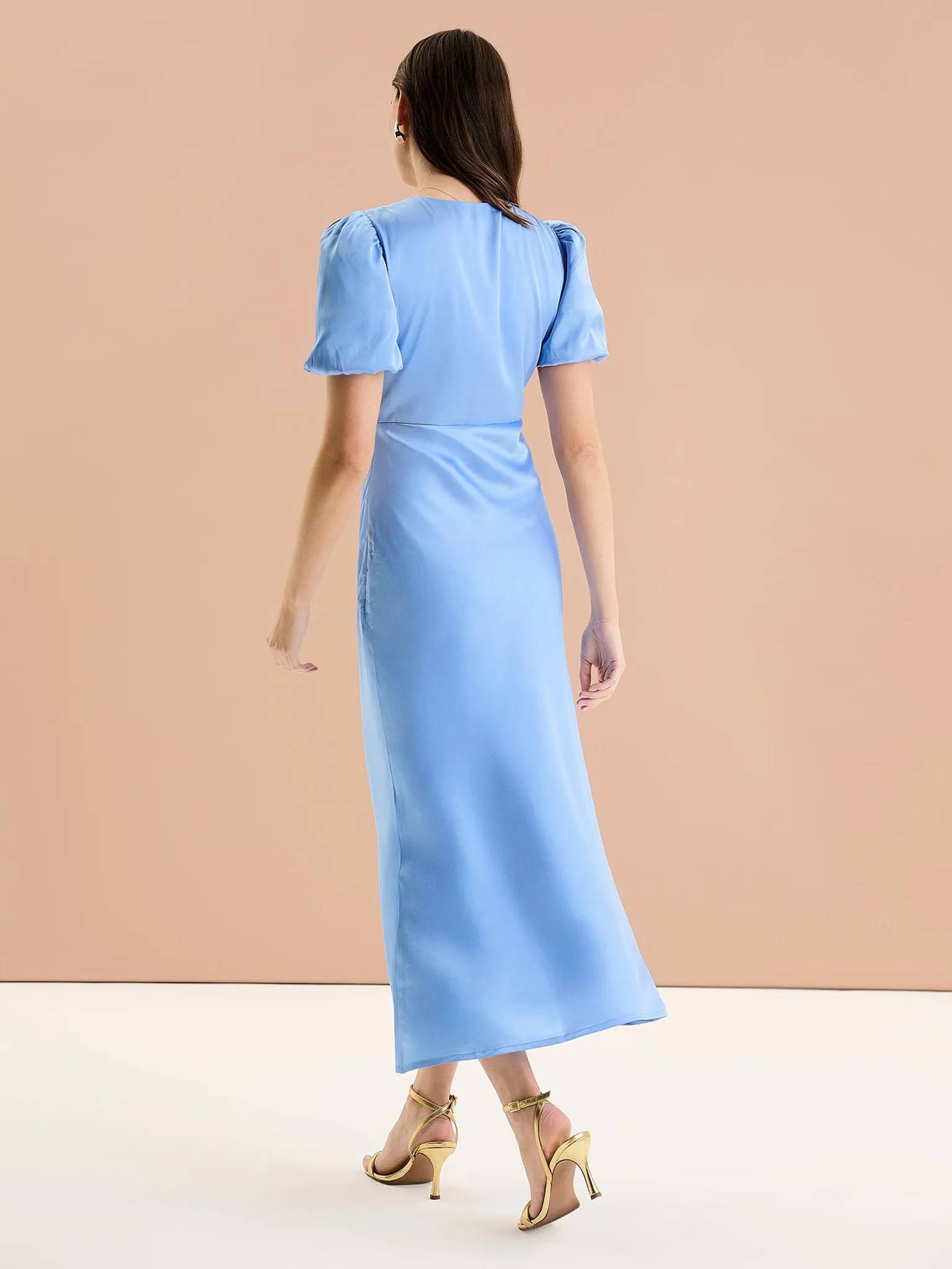 Rosie Ruched Puff Sleeve Dress in Light Blue