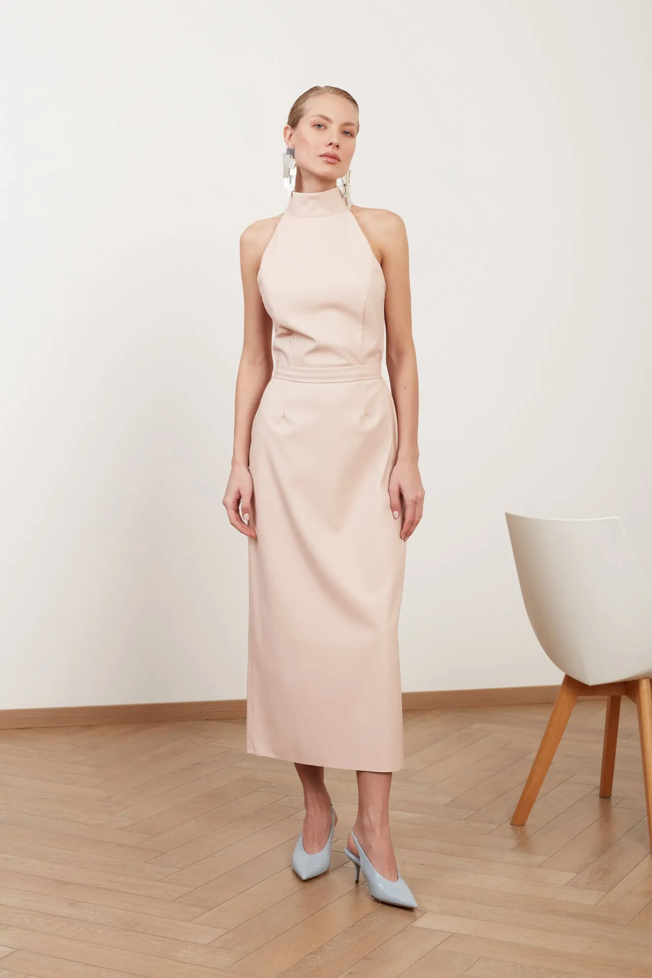 SENSA light pink faux leather midi dress