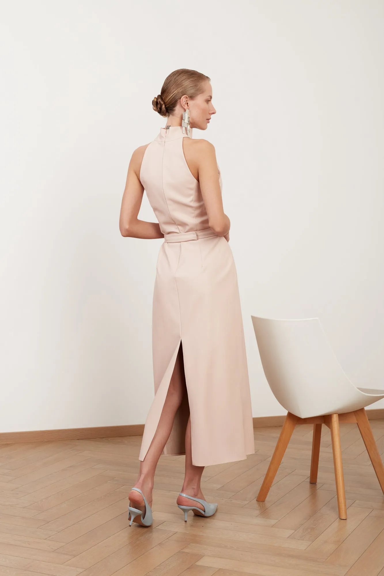 SENSA light pink faux leather midi dress