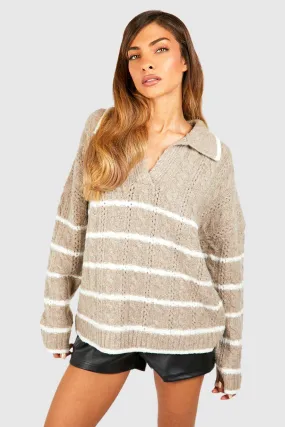 Soft Knit Cable Stripe Polo Collar Sweater