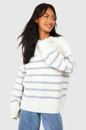 Soft Knit Stripe Polo Collar Sweater