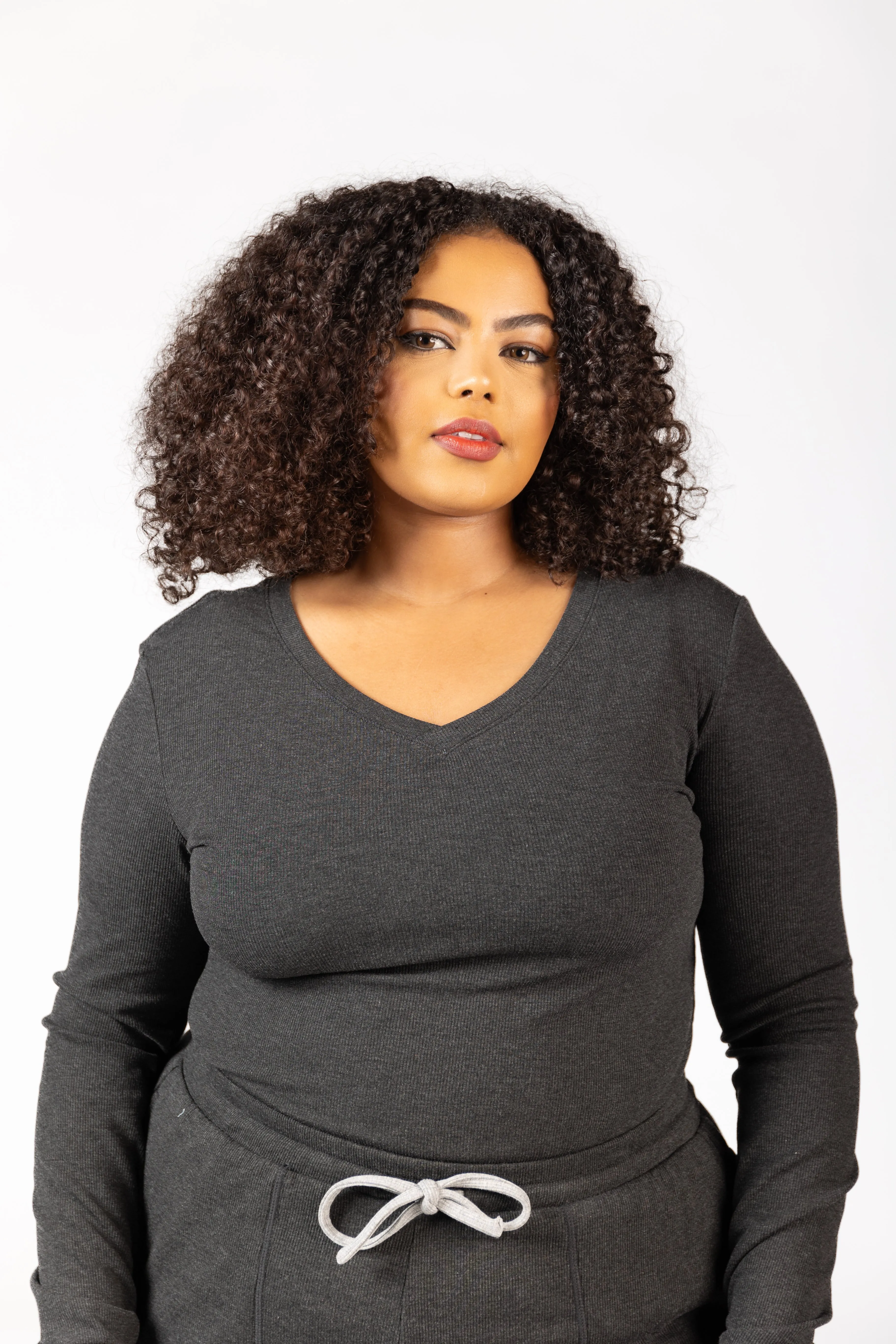 Soft Lounge Rib V Neck Long Sleeve