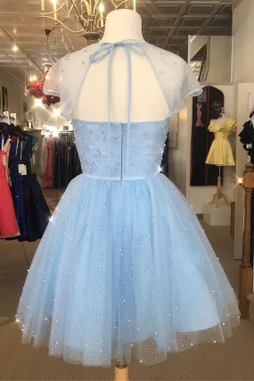 Sparkle Beaded Cap Sleeves Light Sky Blue Homecoming Dress