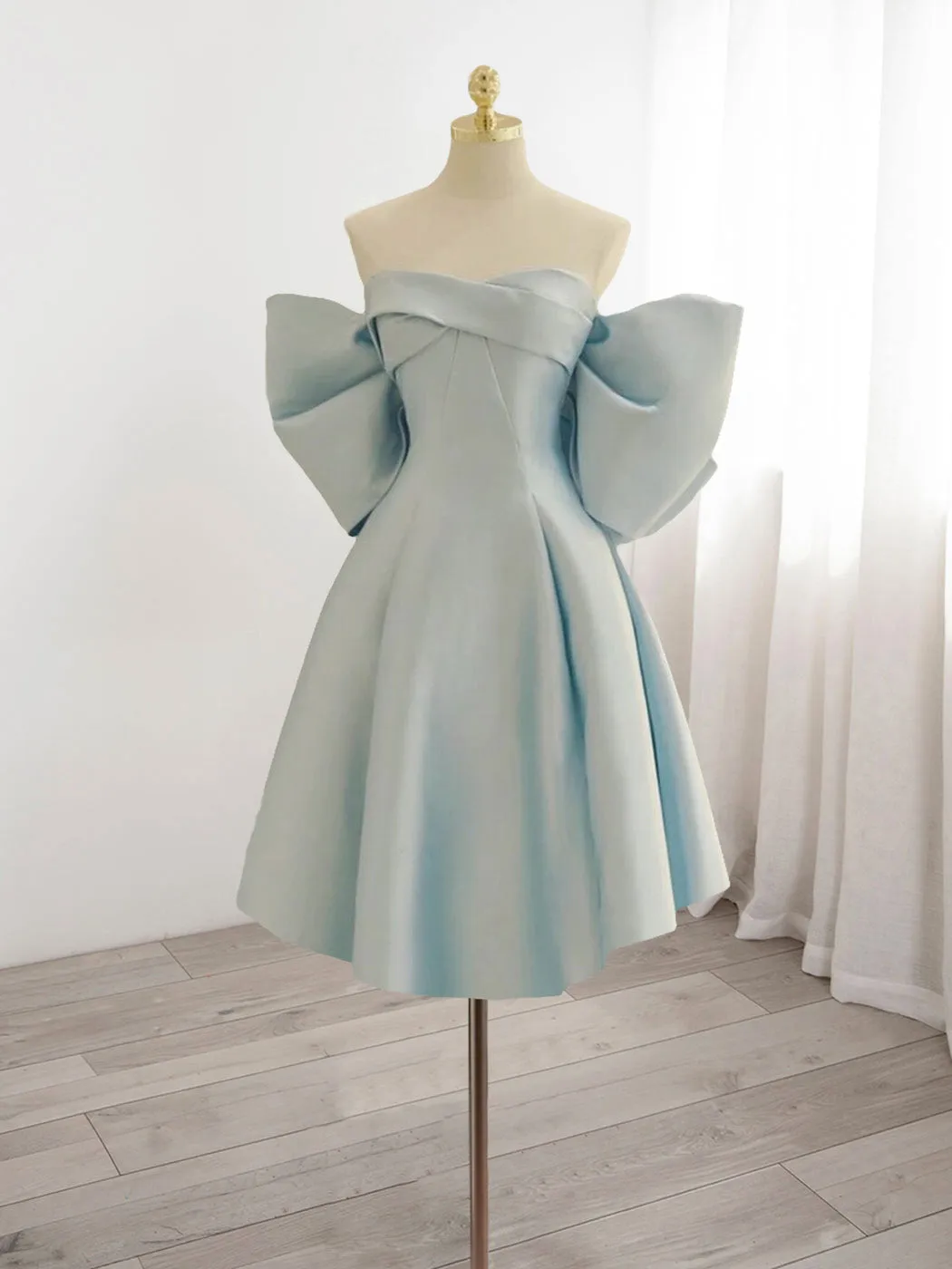 Strapless Light Blue Satin A-line Homecoming Dress with Bow