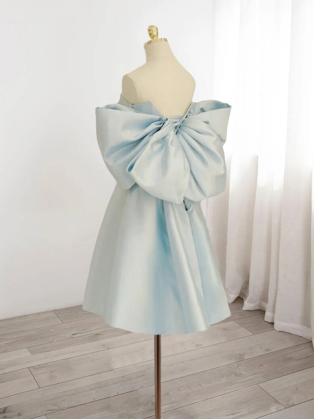 Strapless Light Blue Satin A-line Homecoming Dress with Bow