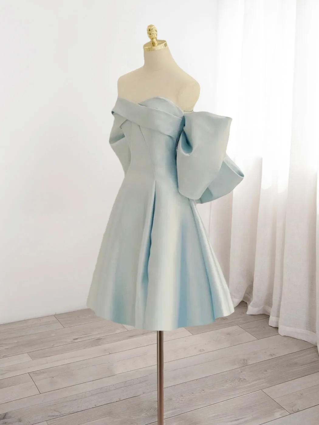 Strapless Light Blue Satin A-line Homecoming Dress with Bow