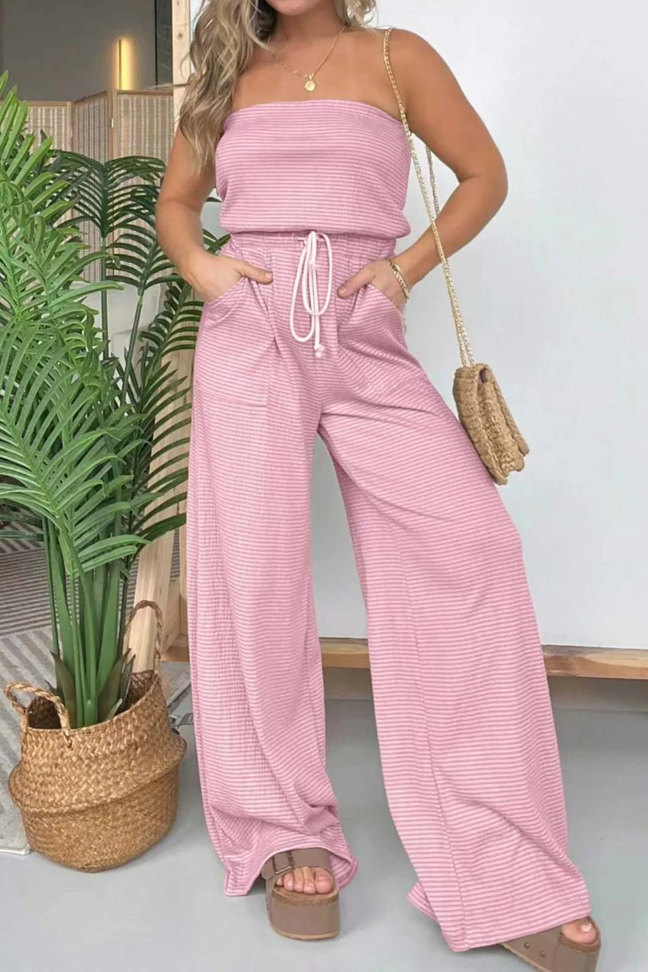 Stripe Strapless Drawstring Jumpsuits