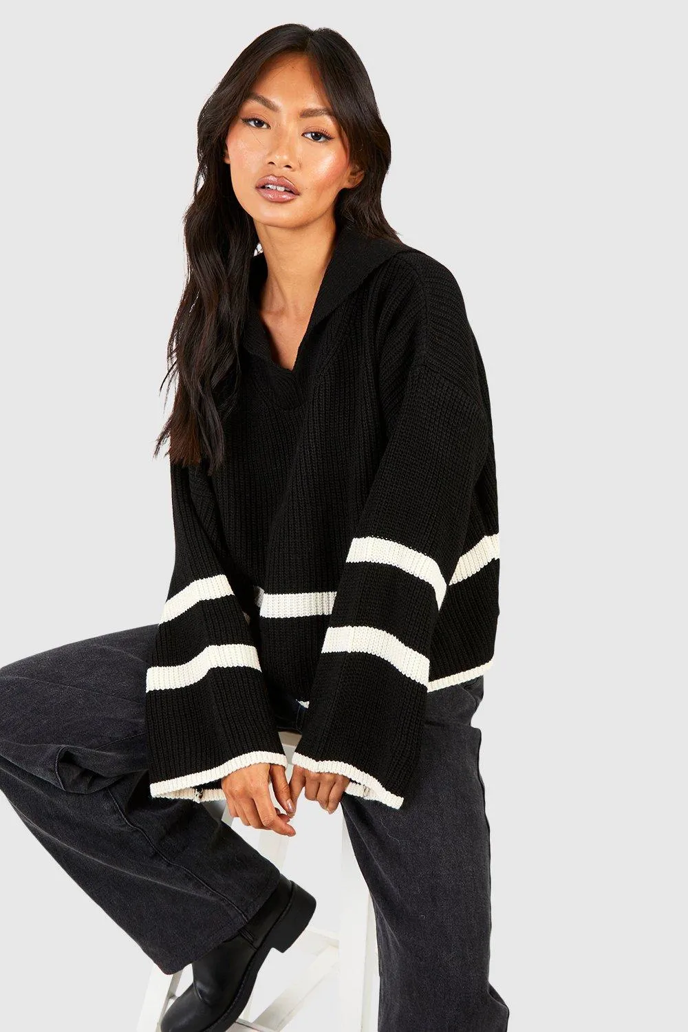 Stripe Trim Collared Sweater