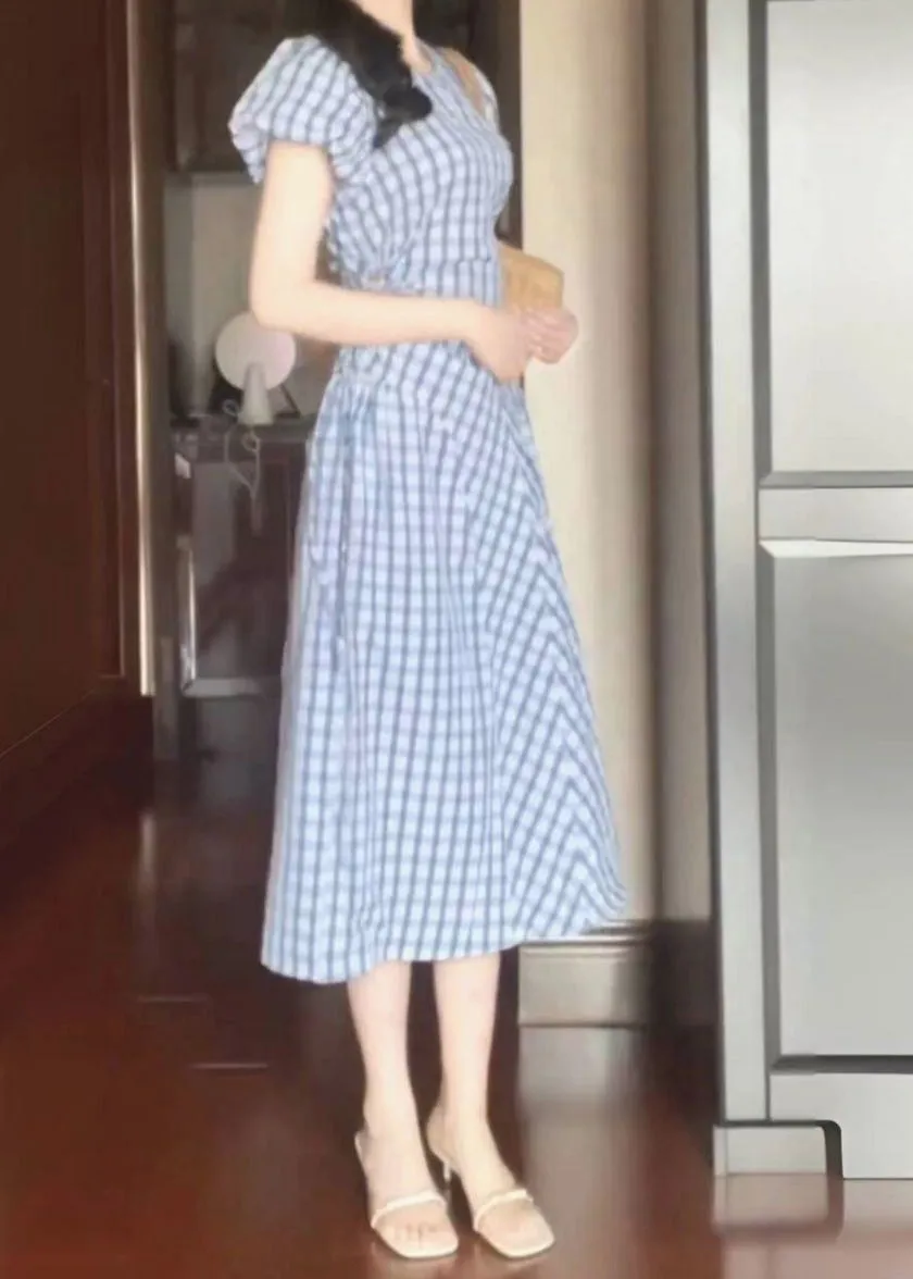 Style Light Blue O-Neck Plaid Tie Waist Long Dress Short Sleeve