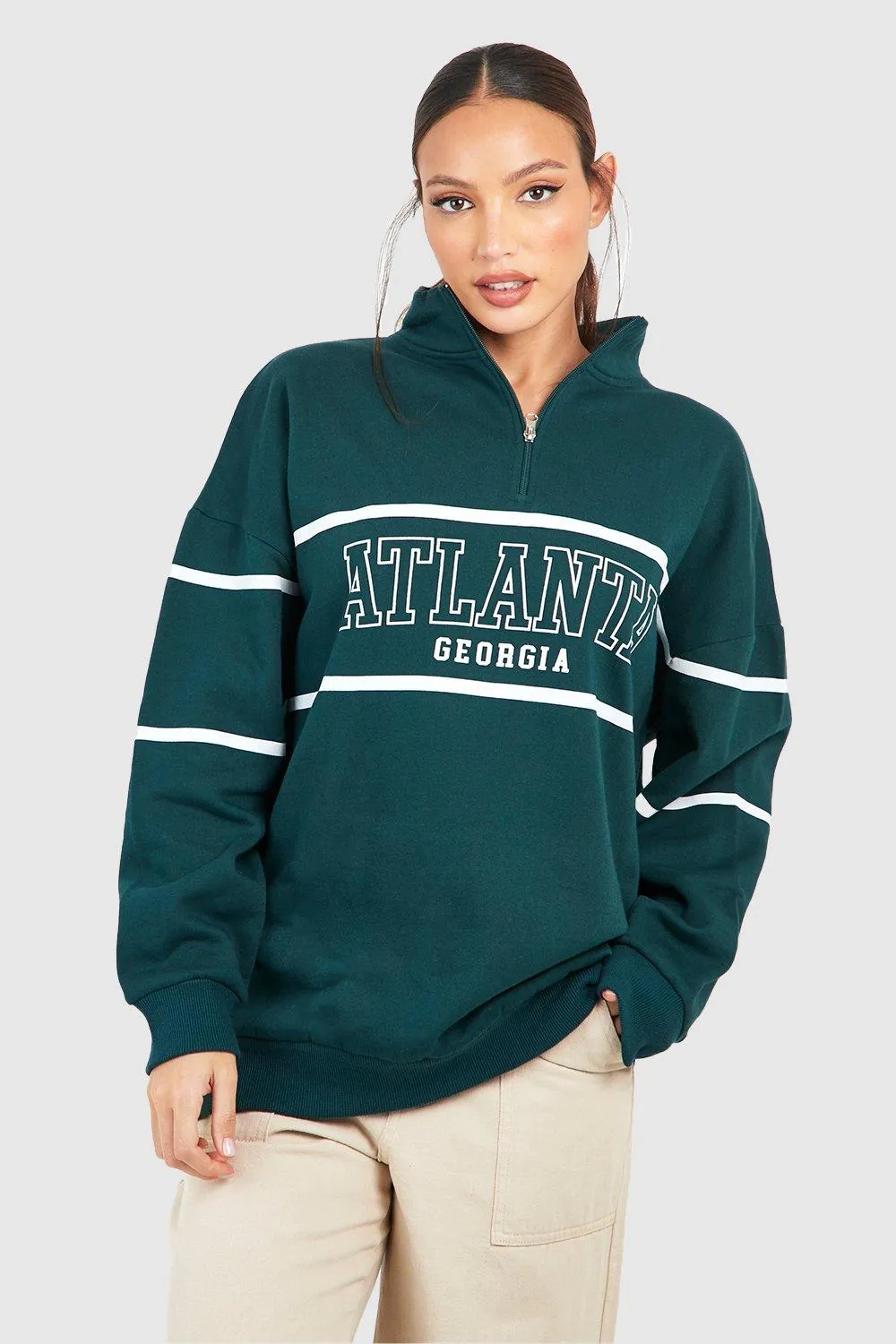 Tall Stripe Detail Slogan Half Zip Sweater