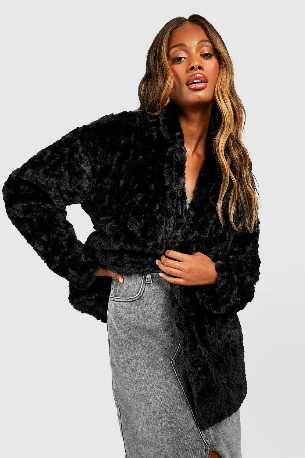 Textured Faux Fur Longline Coat