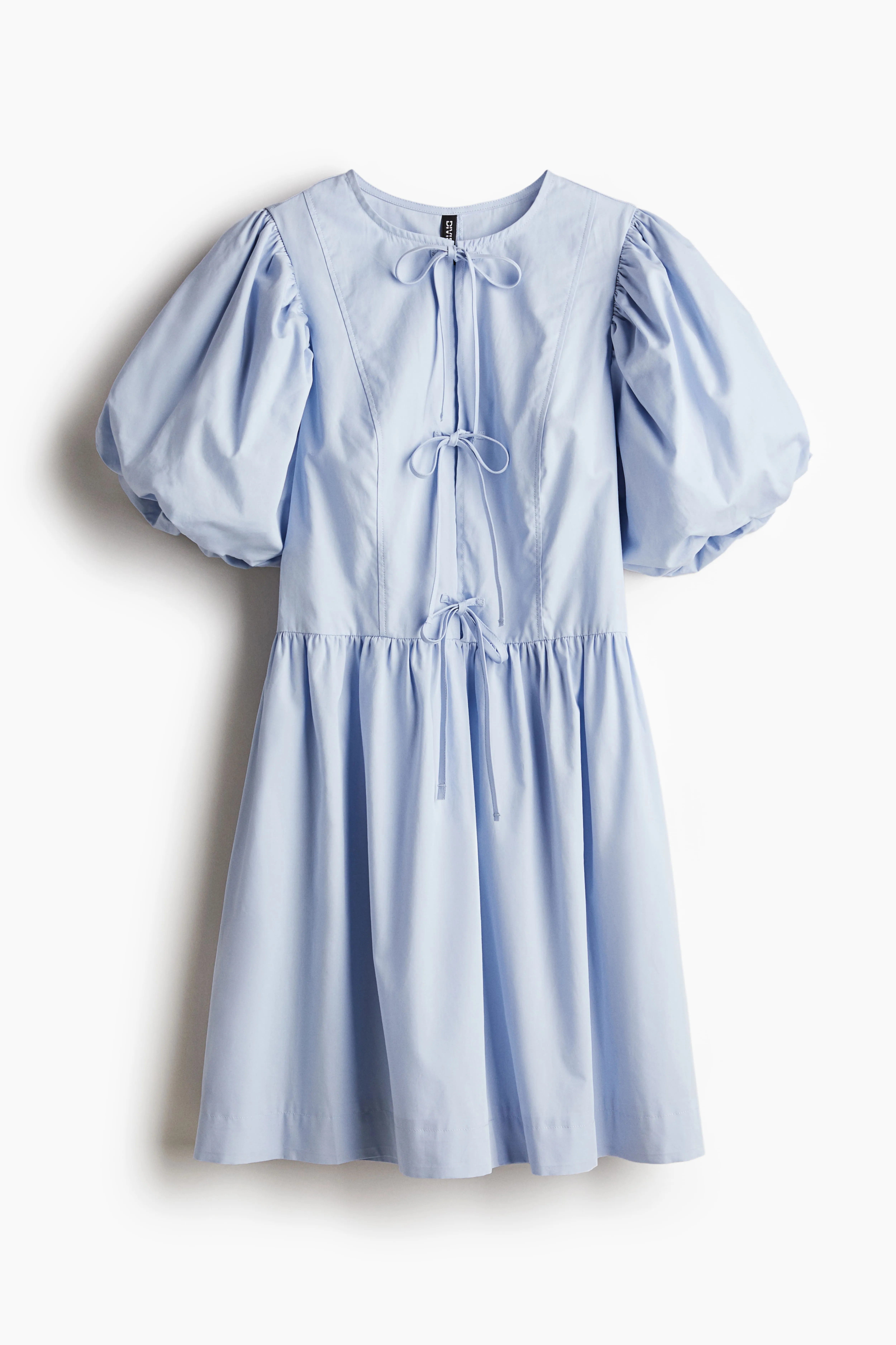 Tie-detail puff-sleeved dress - Round neck - Short sleeve - Light blue - Ladies | H&M GB