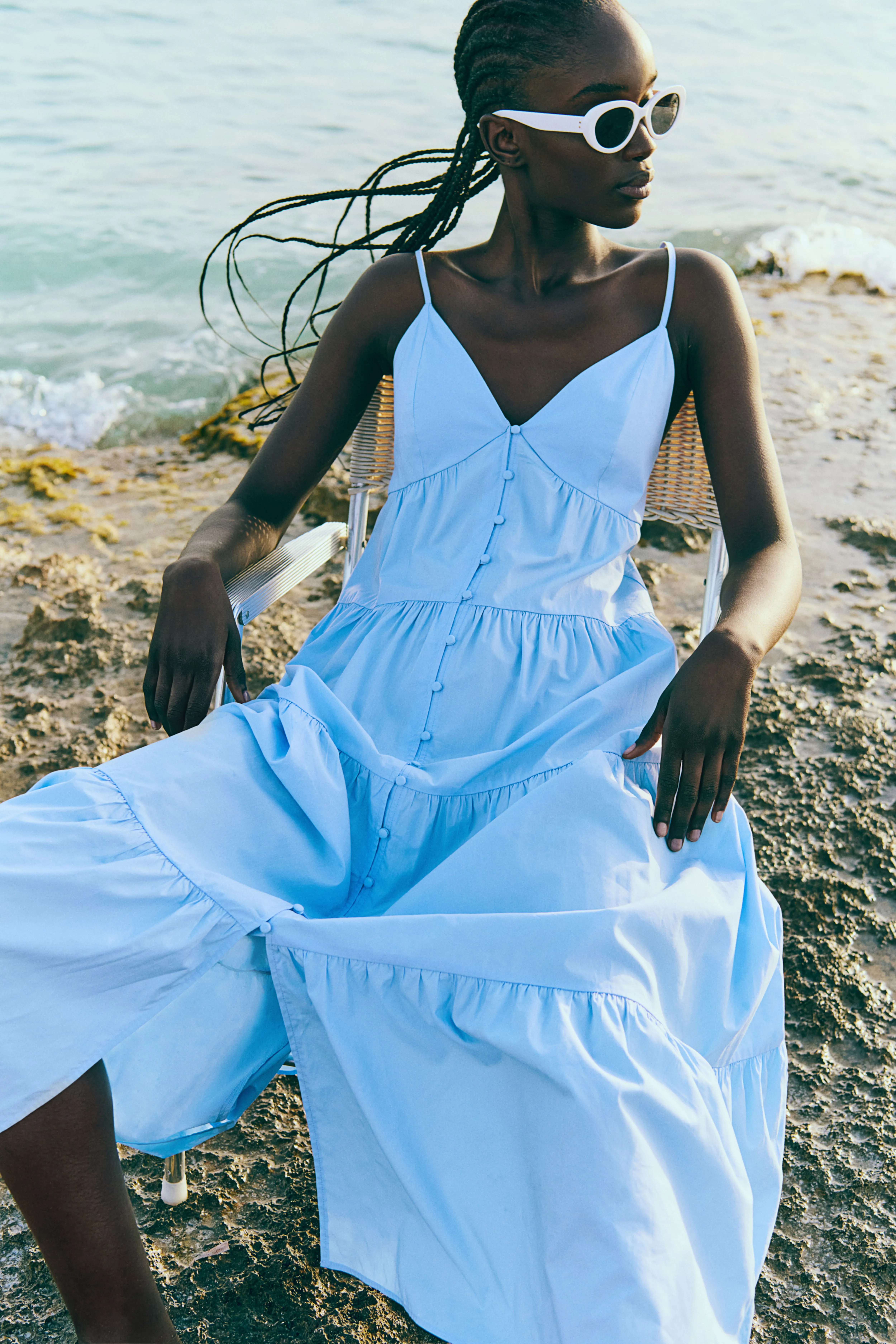 Tiered strappy dress - V-neck - Sleeveless - Light blue - Ladies | H&M GB