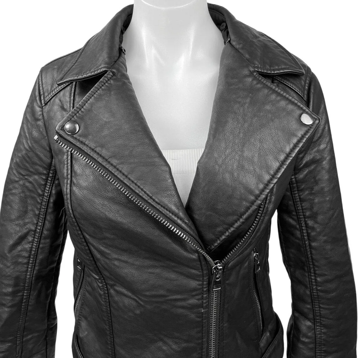 Topshop Womens Black Faux Vegan Leather Zip Up Collar Moto Coat Jacket Size 2