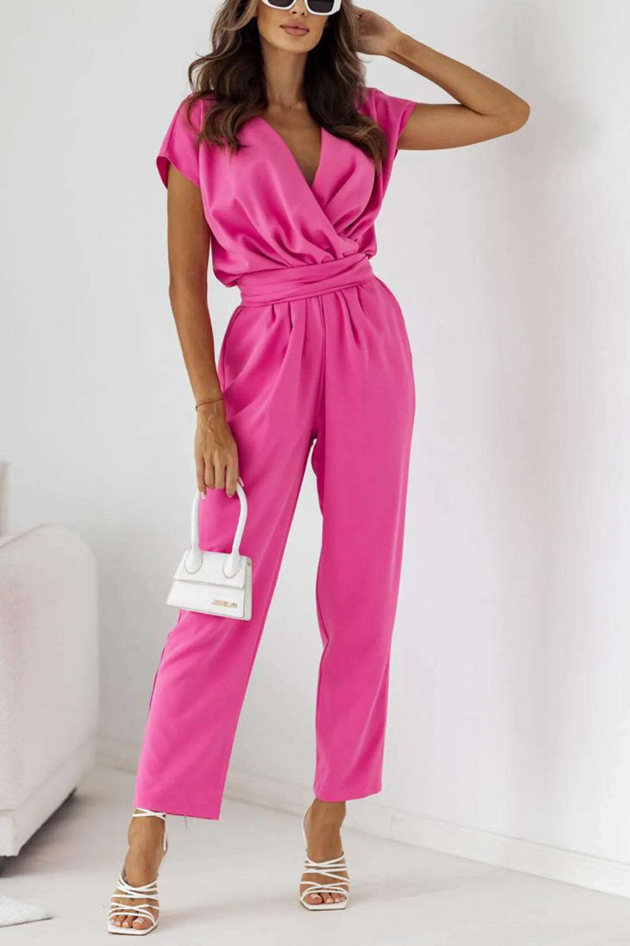 V Neck Ruched Tie-waist Jumpsuits