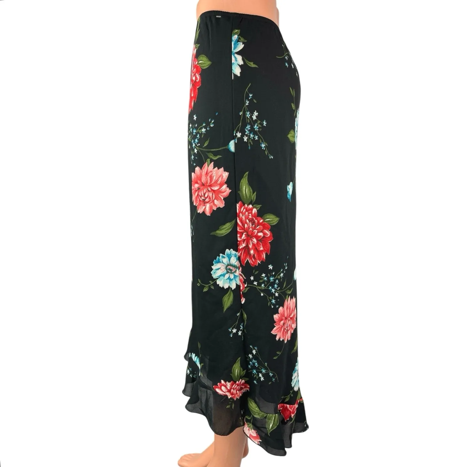 Vintage Versailles Black Floral Print Straight Pencil Ruffle Midi Maxi Skirt S