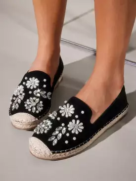 Woman Shoes Black Beaded Floral Rhinestone EspadrillesFlat Shoes For Spring And Summer