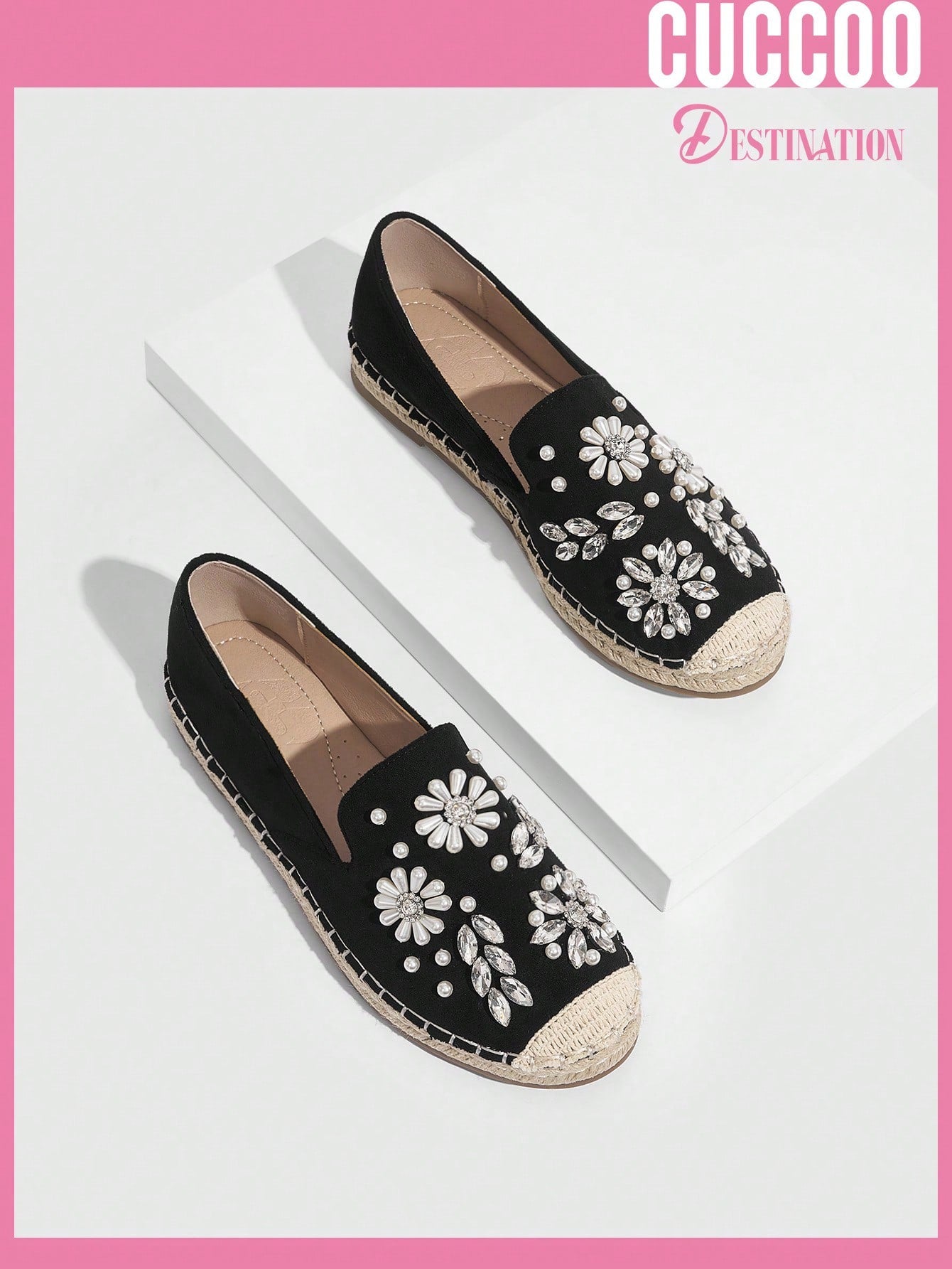 Woman Shoes Black Beaded Floral Rhinestone EspadrillesFlat Shoes For Spring And Summer