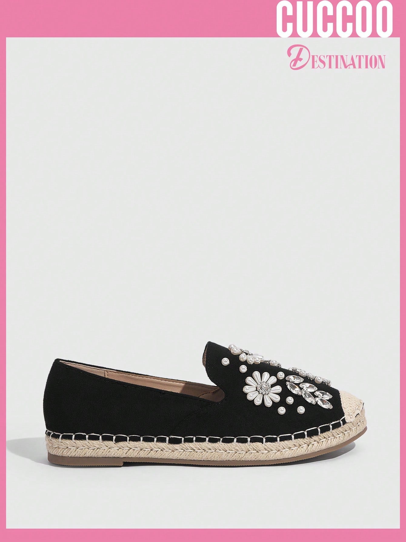 Woman Shoes Black Beaded Floral Rhinestone EspadrillesFlat Shoes For Spring And Summer