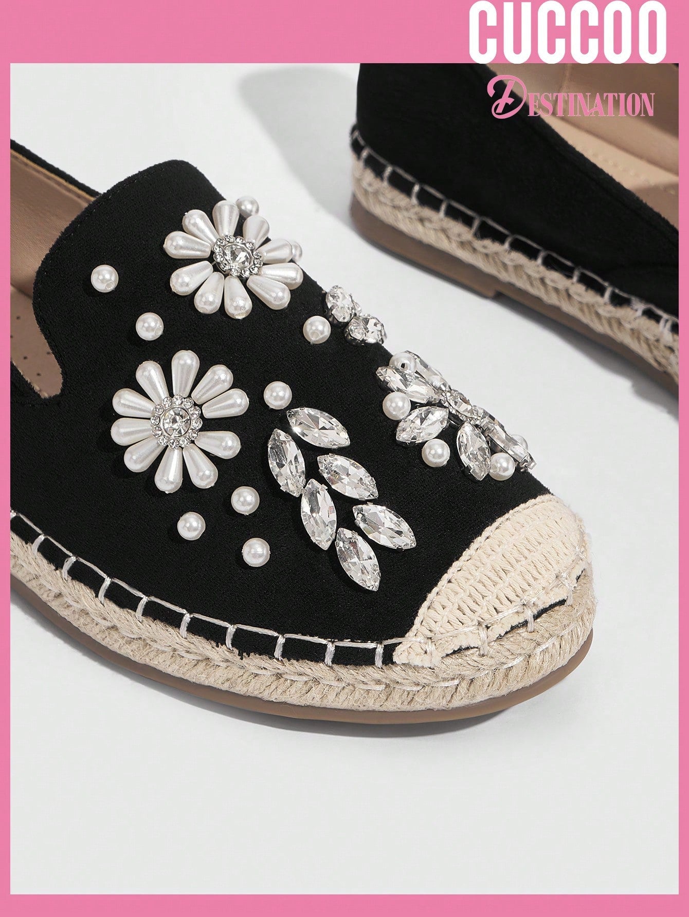 Woman Shoes Black Beaded Floral Rhinestone EspadrillesFlat Shoes For Spring And Summer