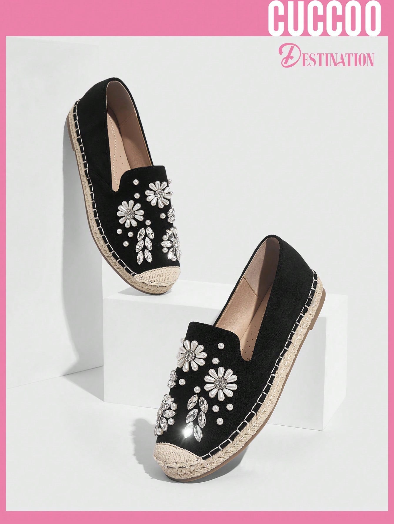 Woman Shoes Black Beaded Floral Rhinestone EspadrillesFlat Shoes For Spring And Summer