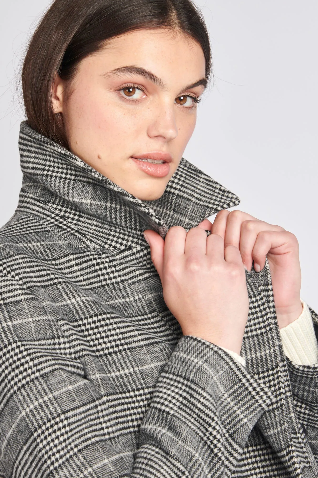 Womens Check Double Breasted Coat in Black