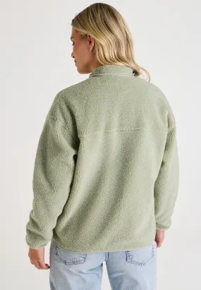 Womens Green Plain Fleece Borg Jumper