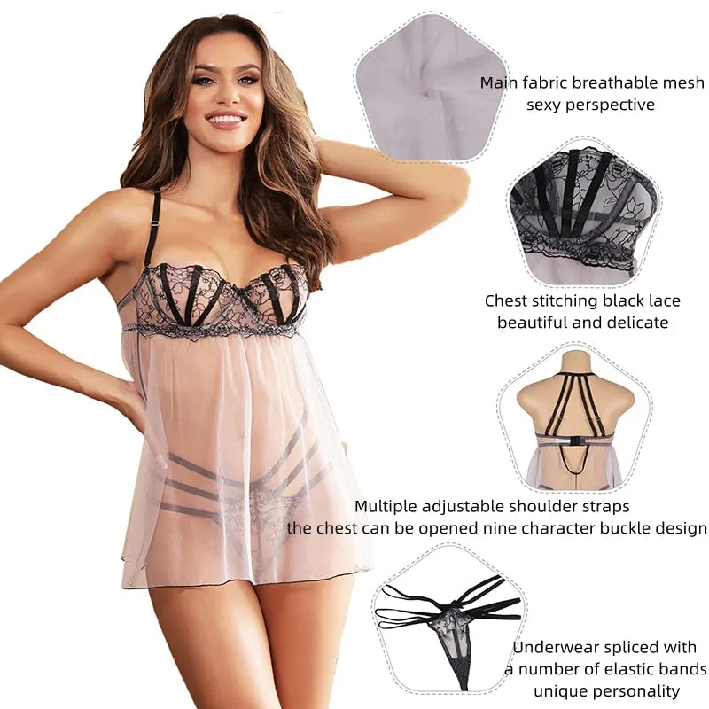 Women's Lace Patchwork Pattern Adjustable Mini Baby Doll Lingerie Set